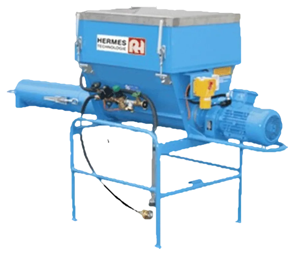 Durchlaufmischer RHM404 von Hermes Technologie mit 190-Liter-Trichter und Getriebemotor auf Untergestell