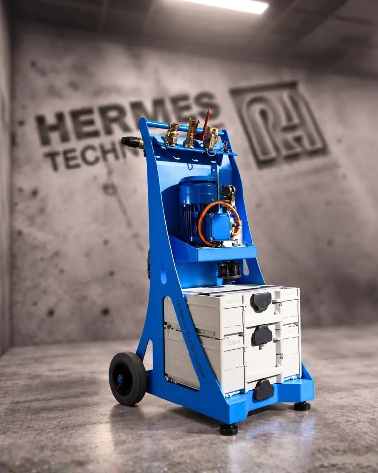 Blauer Hermes Trolley mit Motor, Anschlüssen und Systainer-Boxen vor Betonwand mit Hermes-Technologie-Logo