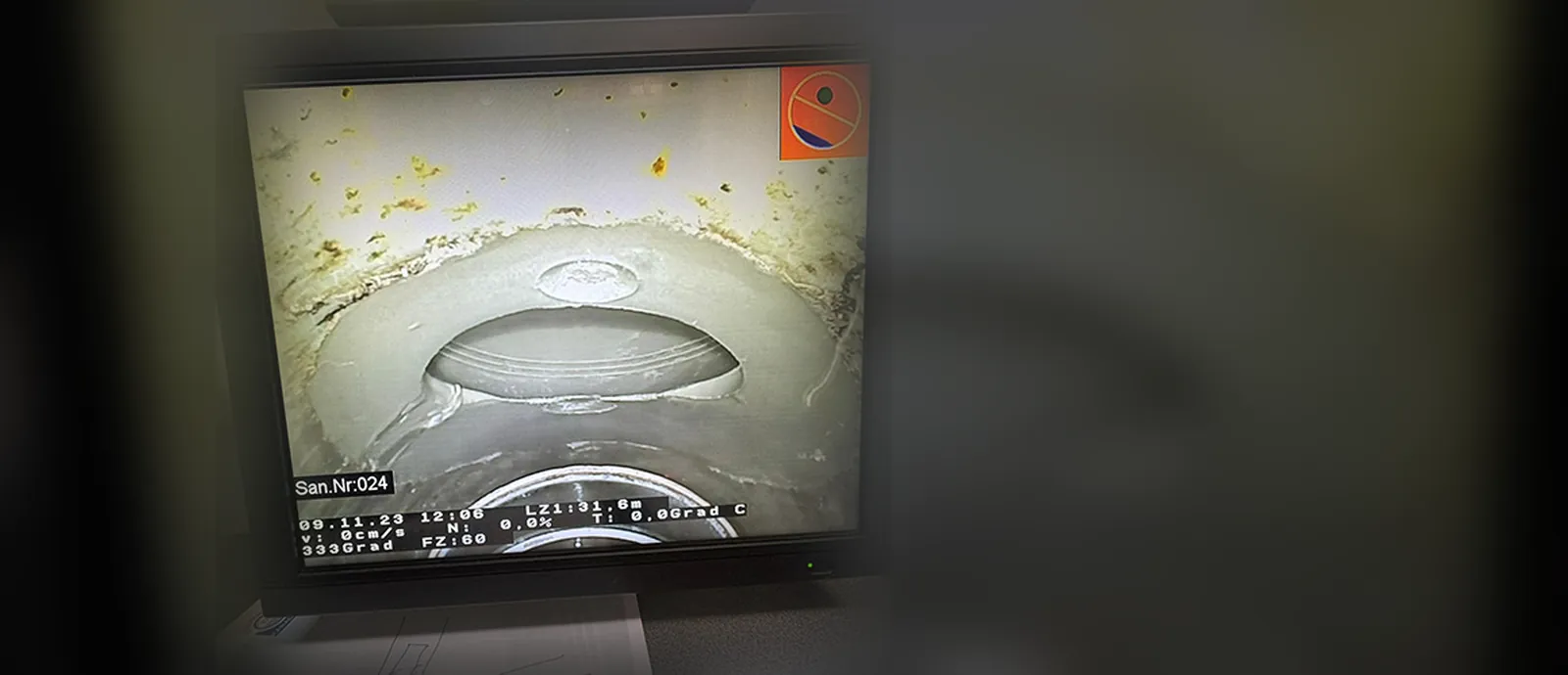 Mit ERGELIT-Kanaltec sanierter Seitenzulauf auf dem Monitor der Kanalkamera