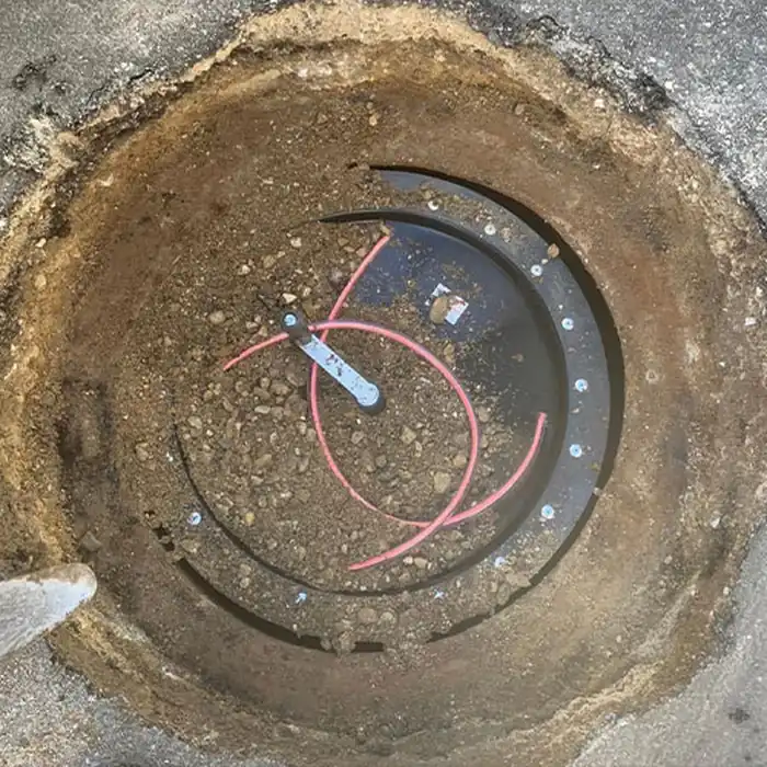 Eingesetzte Materialauffangtasse im freigelegten Schacht während der Schachtrahmenregulierung